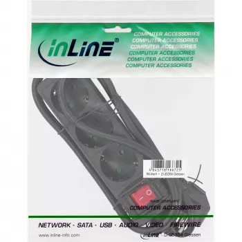 InLine stekkerdoos, 3-voudig randaarde CEE 7/3, met schakelaar, zwart, 3 m