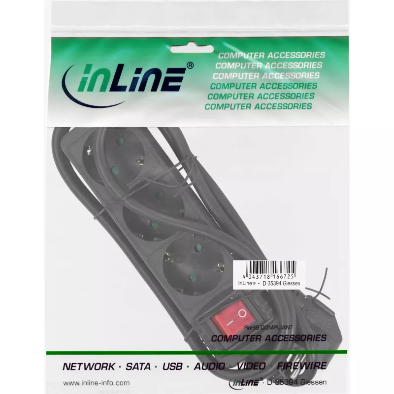 InLine stekkerdoos, 3-voudig randaarde CEE 7/3, met schakelaar, zwart, 3 m