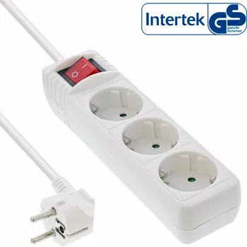 InLine stekkerdoos, 3-voudig randaarde CEE 7/3, met schakelaar, wit, 1,5 m