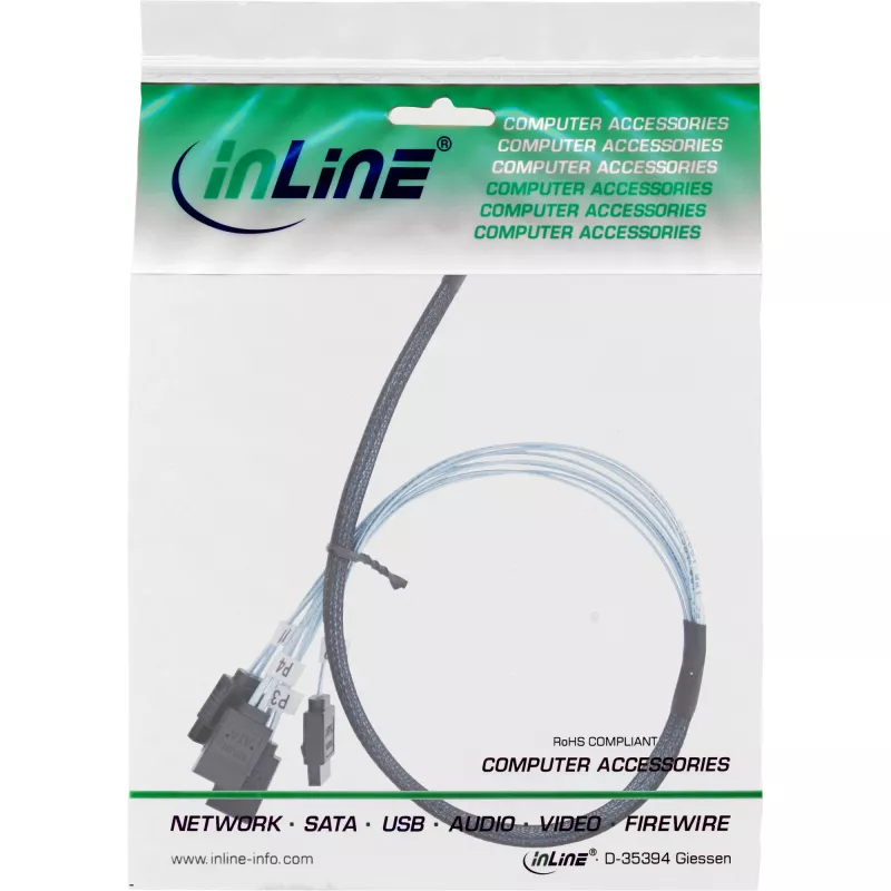InLine slanke SAS-kabel, SFF-8654 naar 4x SATA 7-pin, 12 Gb/s, 0,5 m