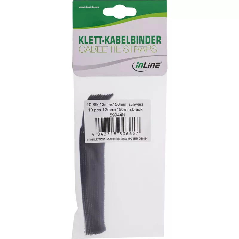 Klittenband kabelbinder InLine 12×150 mm, 10 stuks, zwart