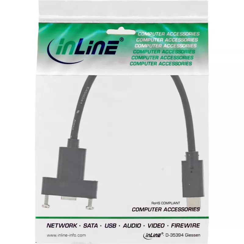 InLine USB 3.2 Gen.2 C stekker / bus met flens kabel, zwart, 0,20 m