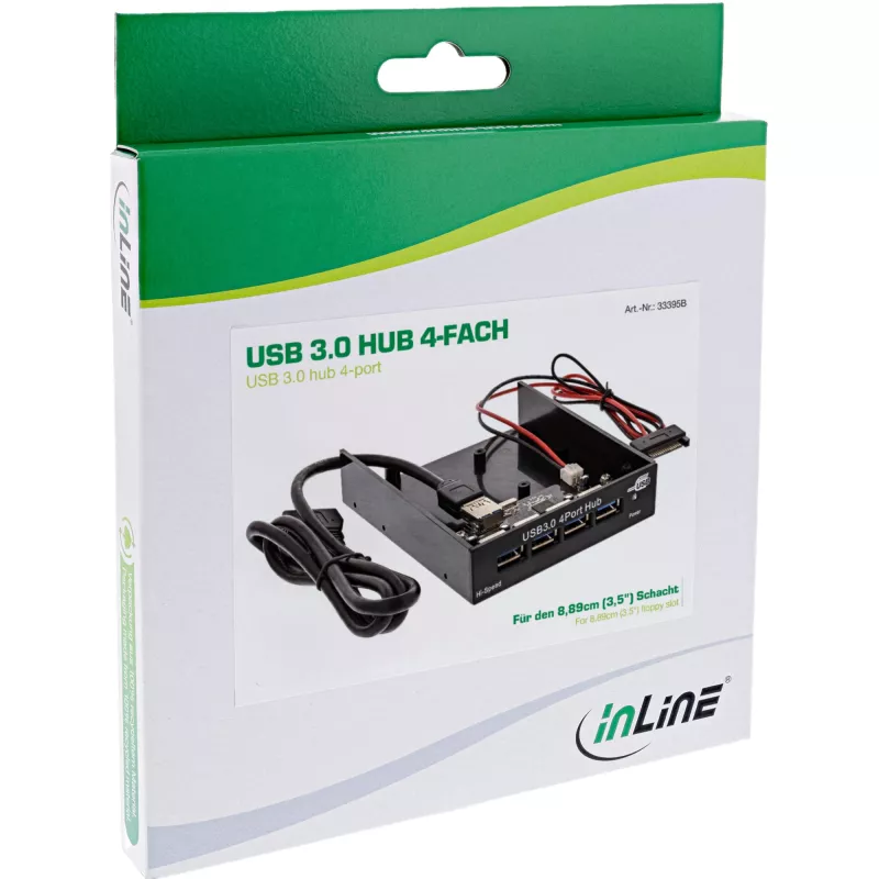 InLine 4-poorts USB 3.0 paneelhub voor 3,5-inch diskettelaufwerkschacht, zwart
