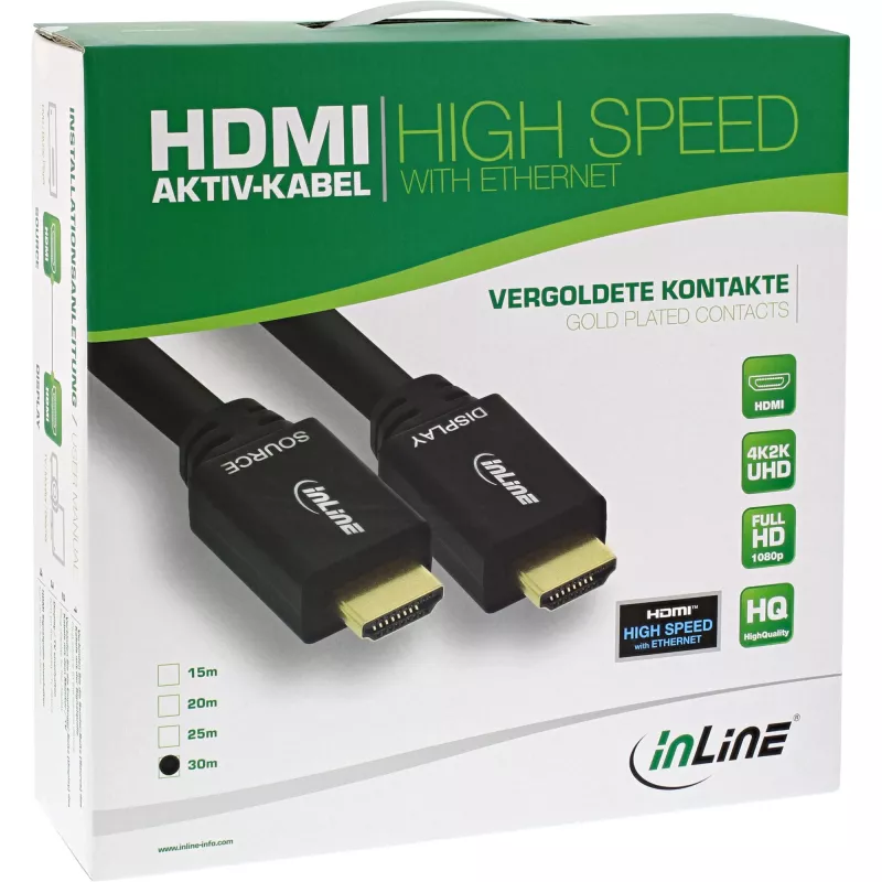 InLine High Speed HDMI-kabel met ethernet, actief, M/M, zwart, vergulde contacten, 40 m