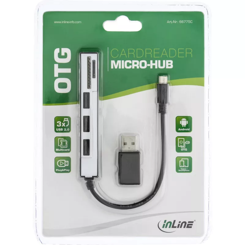 InLine USB OTG-kaartlezer & 3-poorts USB 2.0-hub voor SDXC & microSD + adapter