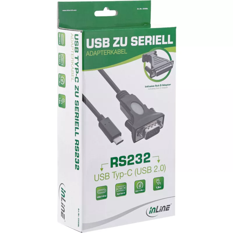 InLine USB-C naar serieel adapterkabel, USB-C stekker / DB9 stekker, 1,8 m