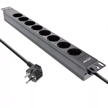 InLine 19 inch stekkerdoos, 8-voudig randaarde, zonder schakelaar, 2m, zwart