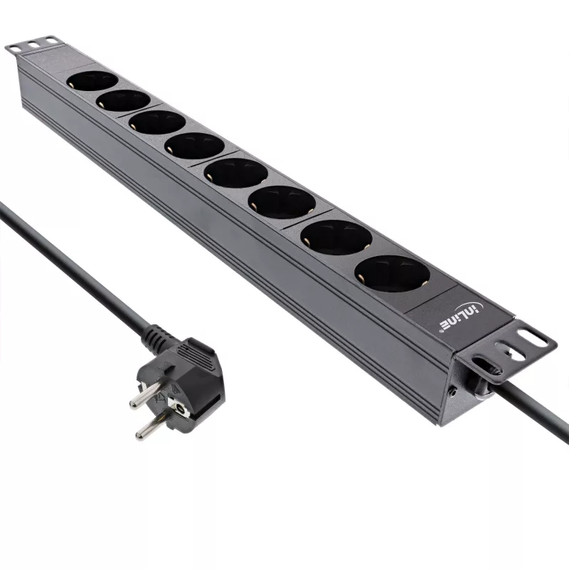 InLine 19 inch stekkerdoos, 8-voudig randaarde, zonder schakelaar, 2m, zwart