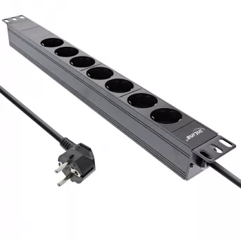 InLine 19 inch stekkerdoos, 7-voudig randaarde, zonder schakelaar, 2m, zwart