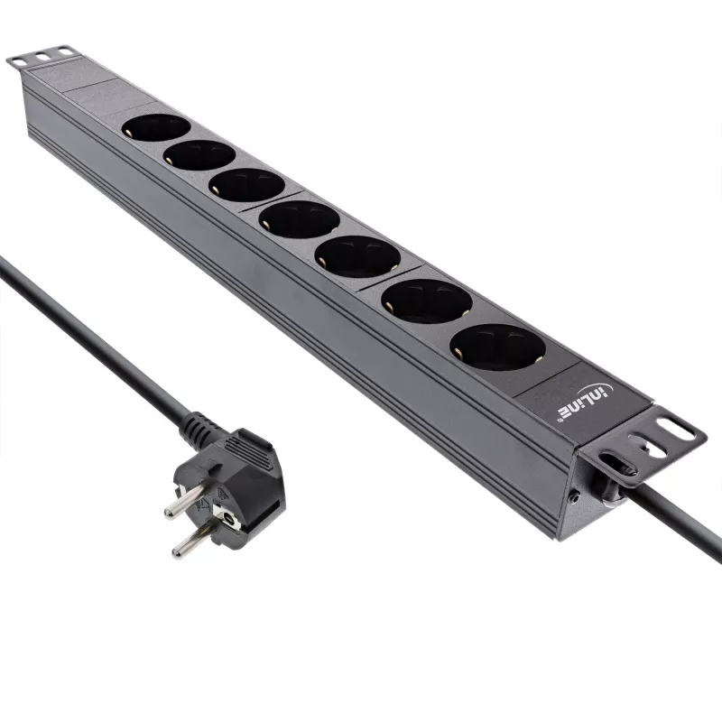InLine 19 inch stekkerdoos, 7-voudig randaarde, zonder schakelaar, 2m, zwart