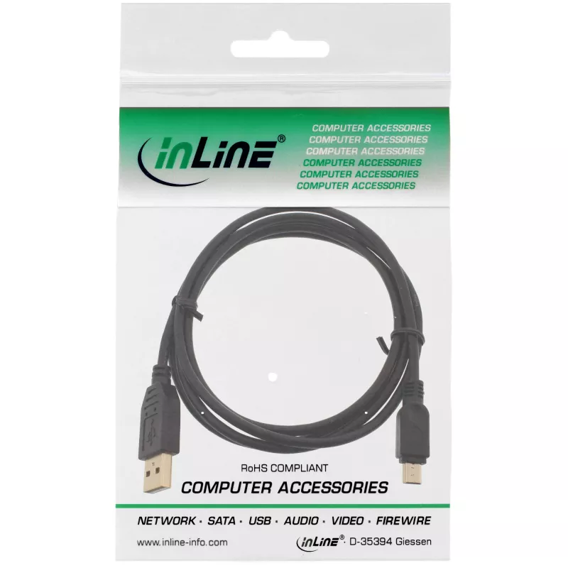 InLine USB 2.0 mini-kabel, Type-A stekker / mini-B stekker (5-polig), zwart/goud, 5 m
