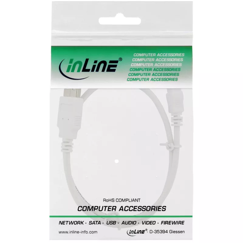 InLine USB 2.0 mini-kabel, Type-A stekker / mini-B stekker (5-polig), wit, 1 m