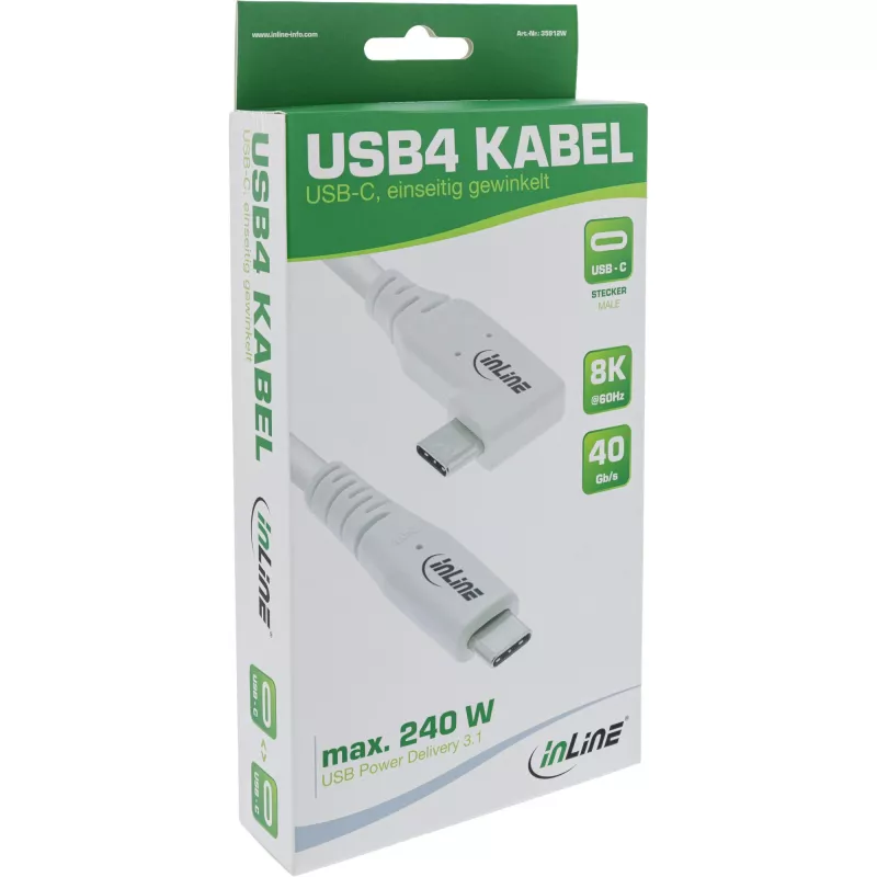 InLine USB4-kabel, USB-C, eenzijdig haaks, PD 240W, 8K60Hz, TPE, wit, 2m