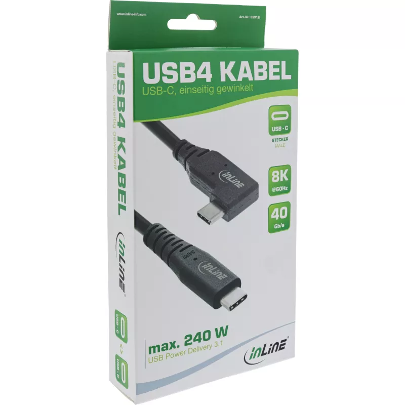 InLine USB4-kabel, USB-C, eenzijdig haaks, PD 240W, 8K60Hz, TPE, zwart, 2m