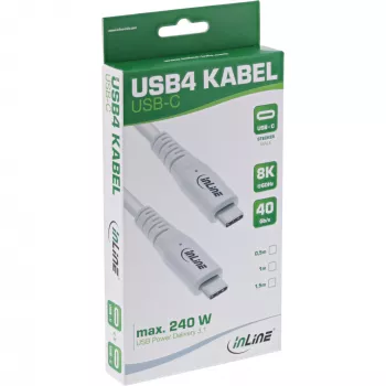 InLine USB4-kabel, USB-C stekker/stekker, PD 240W, 8K60Hz, TPE, wit, 0,5 m