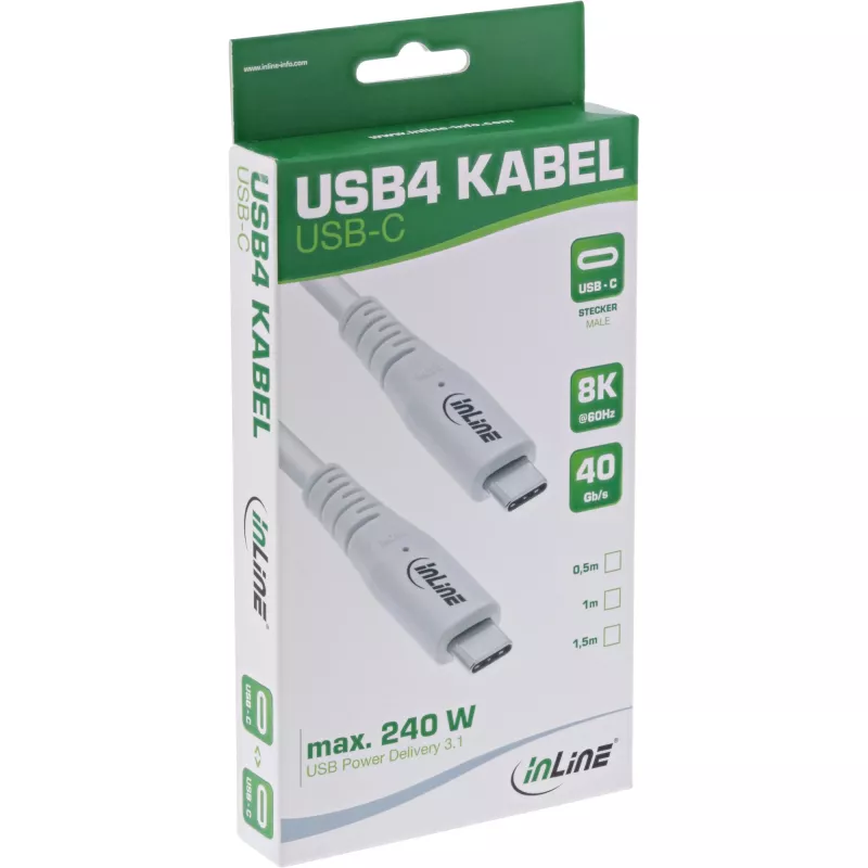 InLine USB4-kabel, USB-C stekker/stekker, PD 240W, 8K60Hz, TPE, wit, 1,5m
