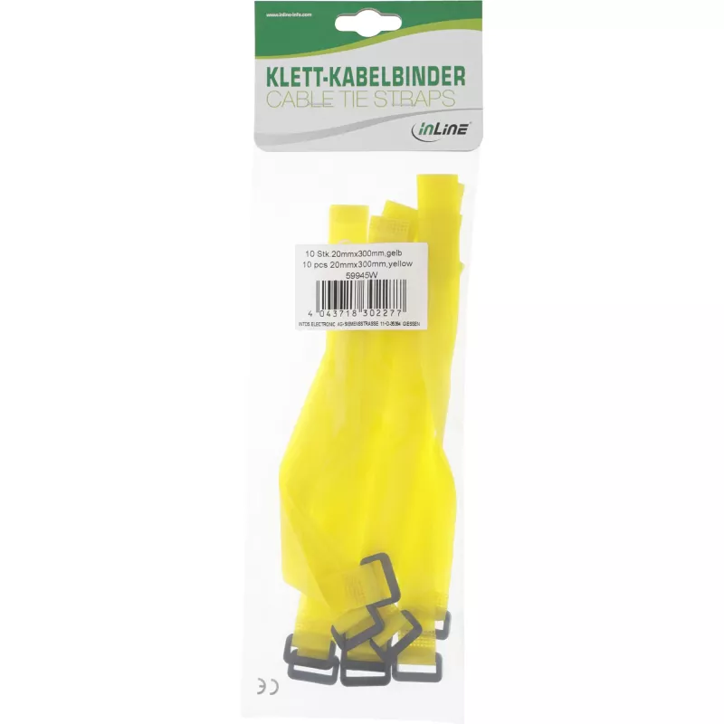 InLine Klittenband kabelbinders, 20 x 300 mm, 10 stuks, geel