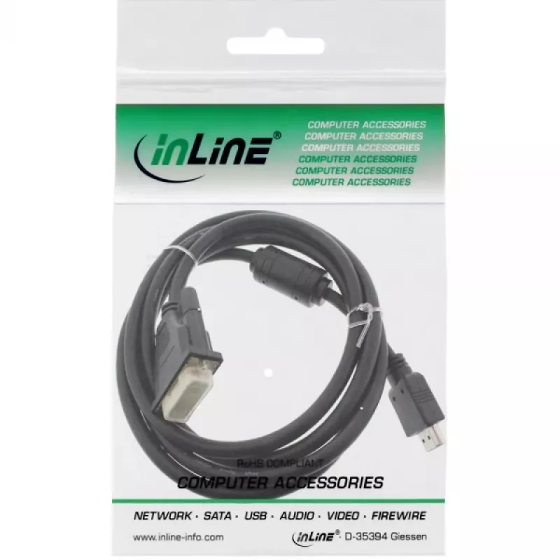 InLine HDMI-DVI-kabel 19-pins stekker / 18+1 stekker + ferrietkern zwart 1,8 m