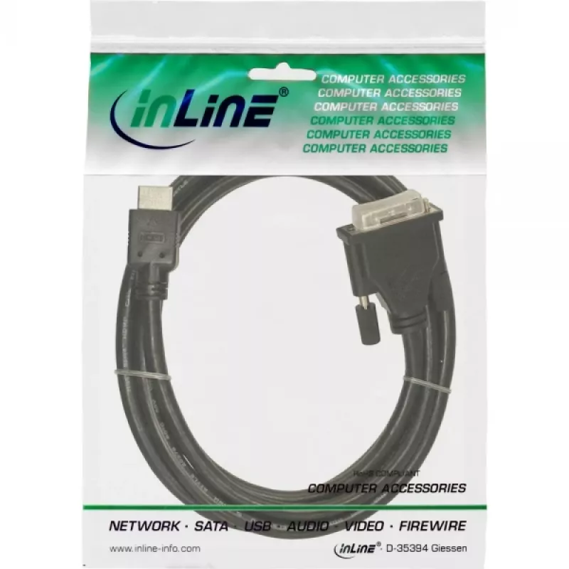 InLine HDMI-DVI-kabel 19-pins stekker / 18+1 stekker + ferrietkern zwart 5m