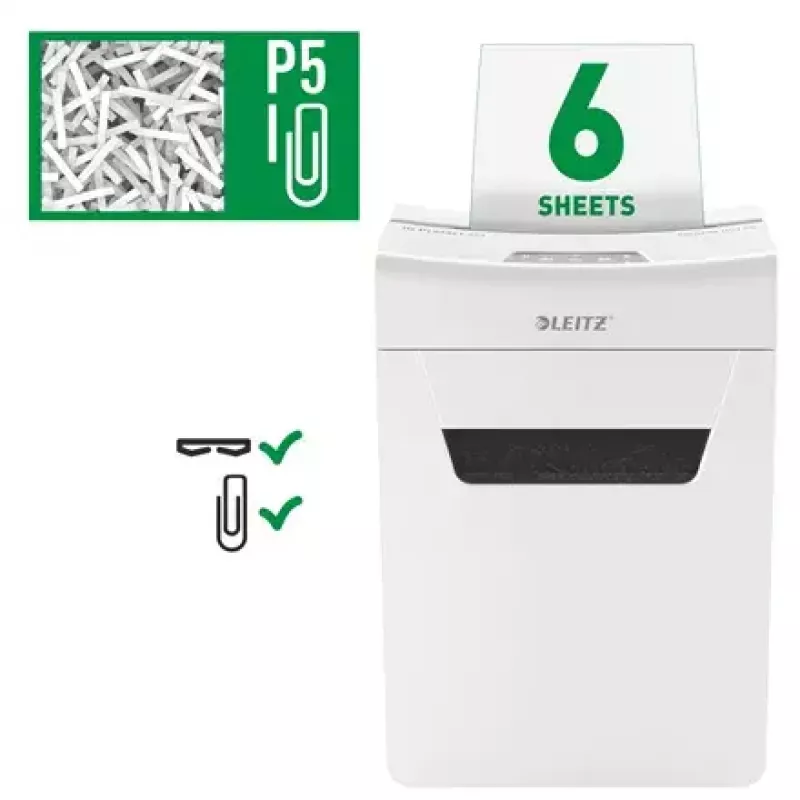 Leitz IQ Protect Premium 6M papiervernietiger 80950000, P5 microsnippers, 6 vel, 18 l, touchbediening, wit/grijs