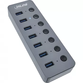 InLine USB 3.2 Gen.1 hub, 7-poorts, met schakelaar, aluminium, grijs, met voeding