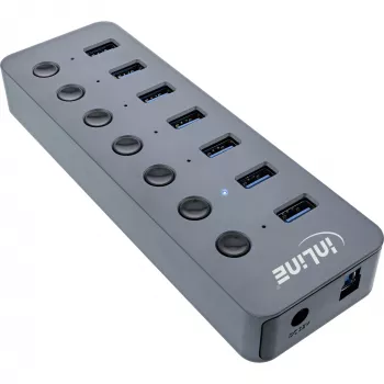 InLine USB 3.2 Gen.1 hub, 7-poorts, met schakelaar, aluminium, grijs, met voeding