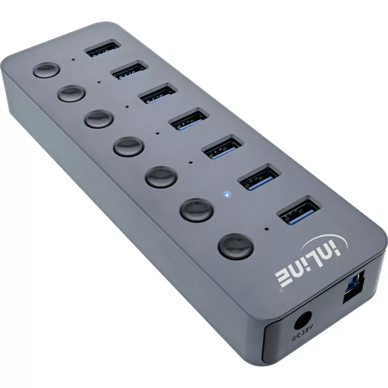 InLine USB 3.2 Gen.1 hub, 7-poorts, met schakelaar, aluminium, grijs, met voeding