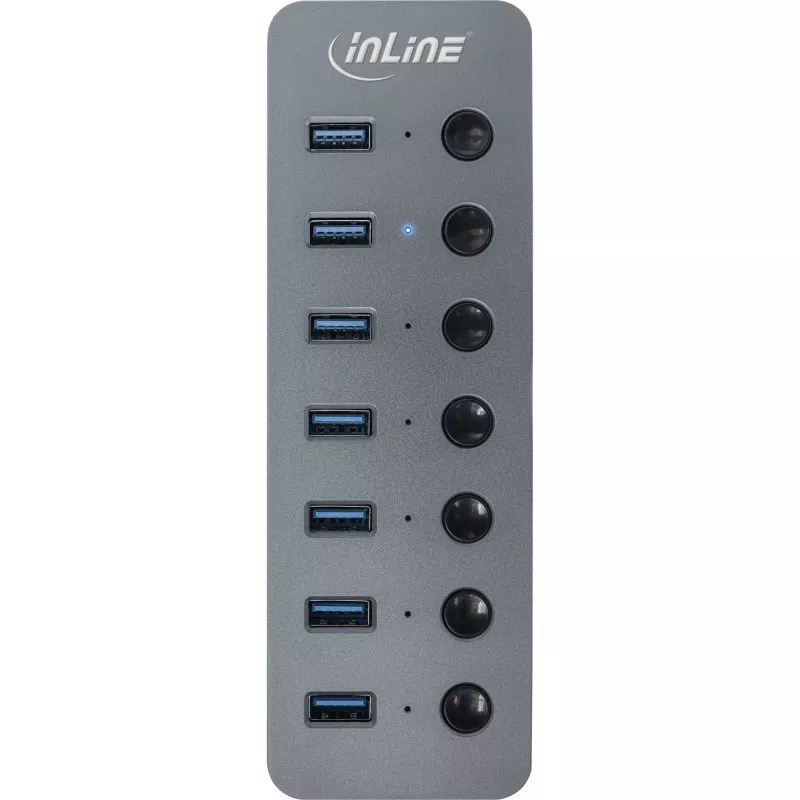 InLine USB 3.2 Gen.1 hub, 7-poorts, met schakelaar, aluminium, grijs, met voeding