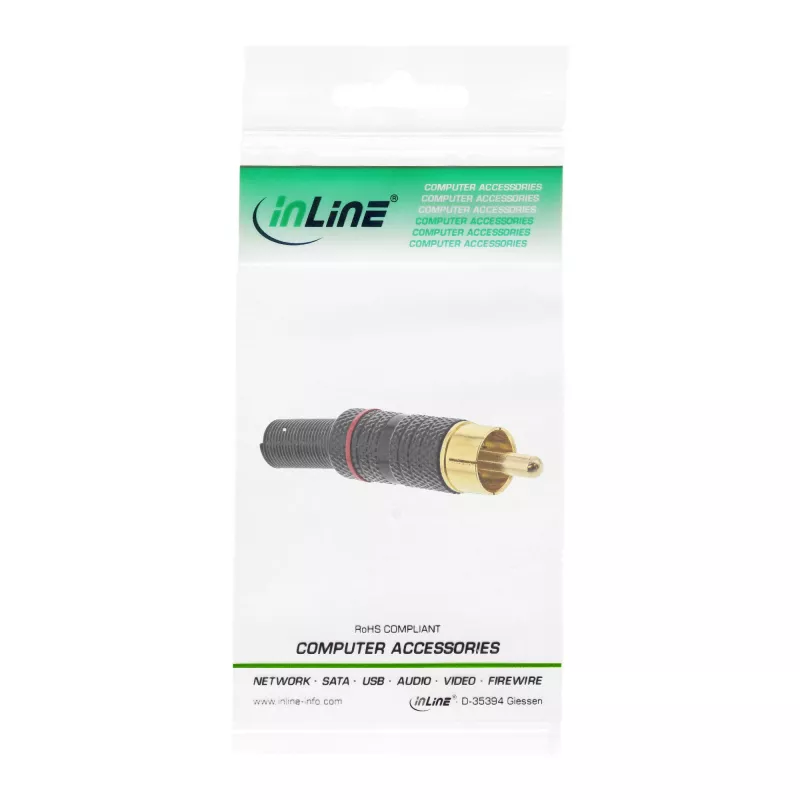 InLine RCA metalen stekker om te solderen, zwart, rode ring, voor 6-mm-kabel