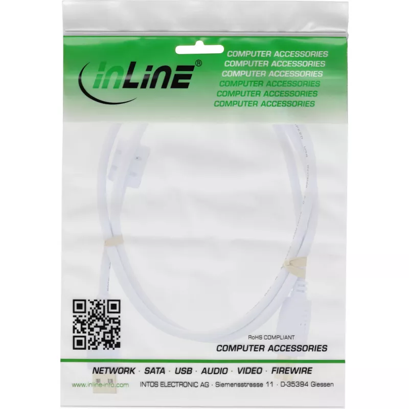 InLine USB 2.0 kabel Type-A stekker / B stekker, verguld, met ferriet, wit, 1,5 m