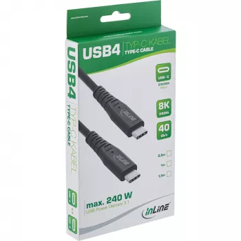 InLine USB4-kabel, USB-C stekker/stekker, PD 240W, 8K60Hz, TPE zwart 1 m