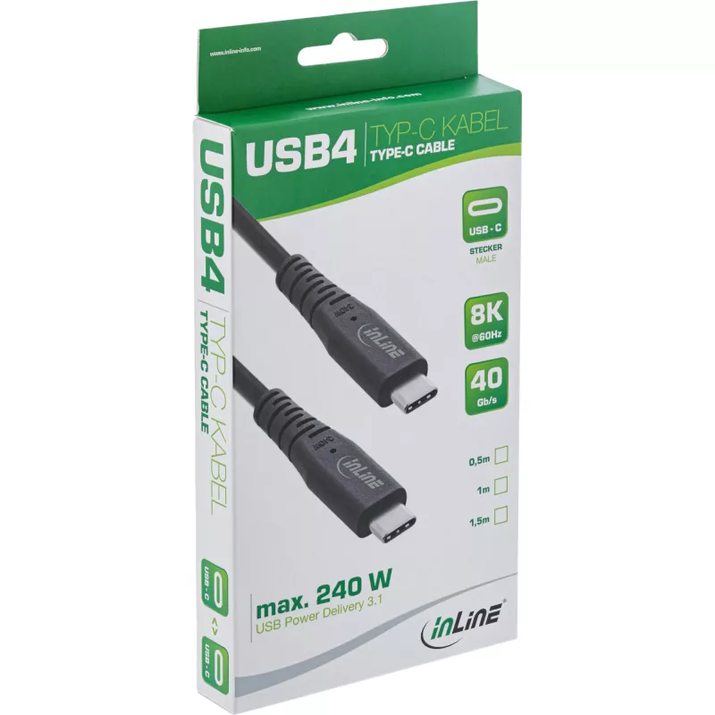 InLine USB4-kabel, USB-C stekker/stekker, PD 240W, 8K60Hz, TPE zwart 1 m