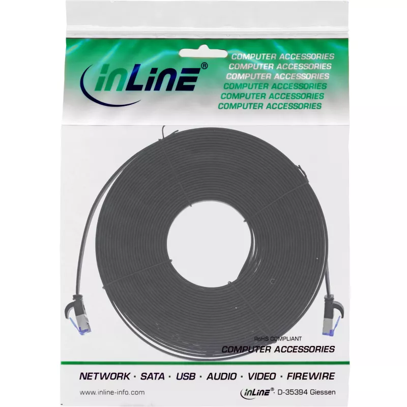 InLine patchkabel plat, U/FTP, Cat.6A, TPE halogeenvrij, zwart, 20m