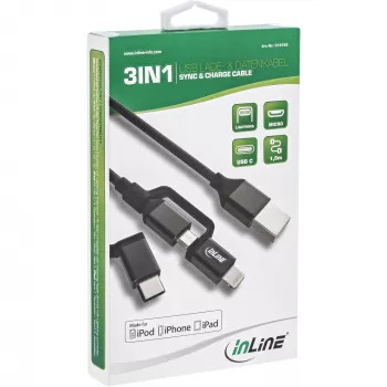 InLine 3-in-1 USB-kabel, USB-A M naar Micro-USB+USB-C+Lightning, zwart/aluminium