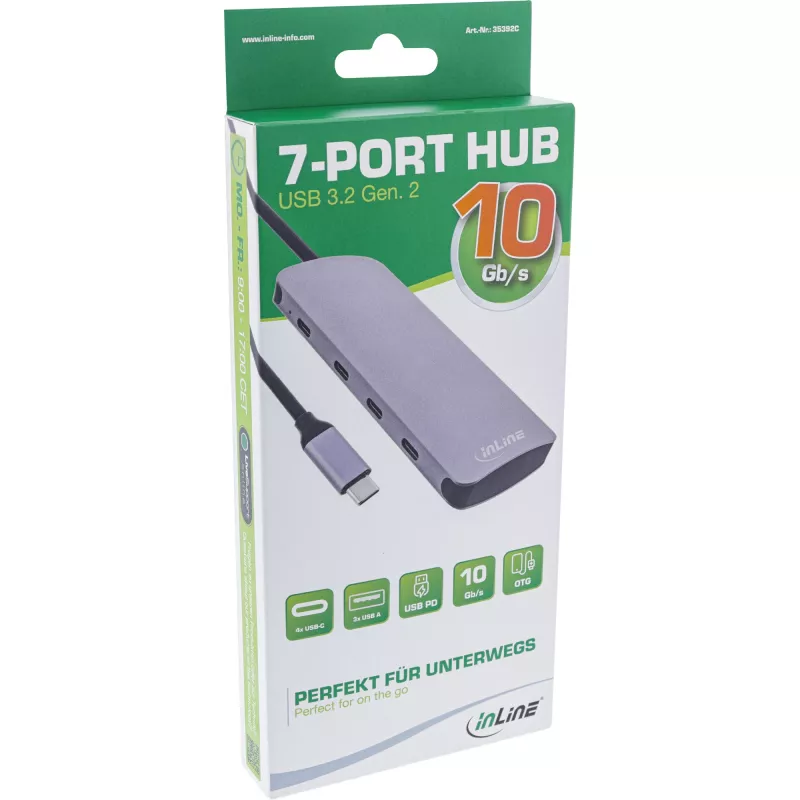 InLine USB 3.2 Gen.2 hub, 4x USB-C + 3x USB-A, PD 100W, aluminium, grijs