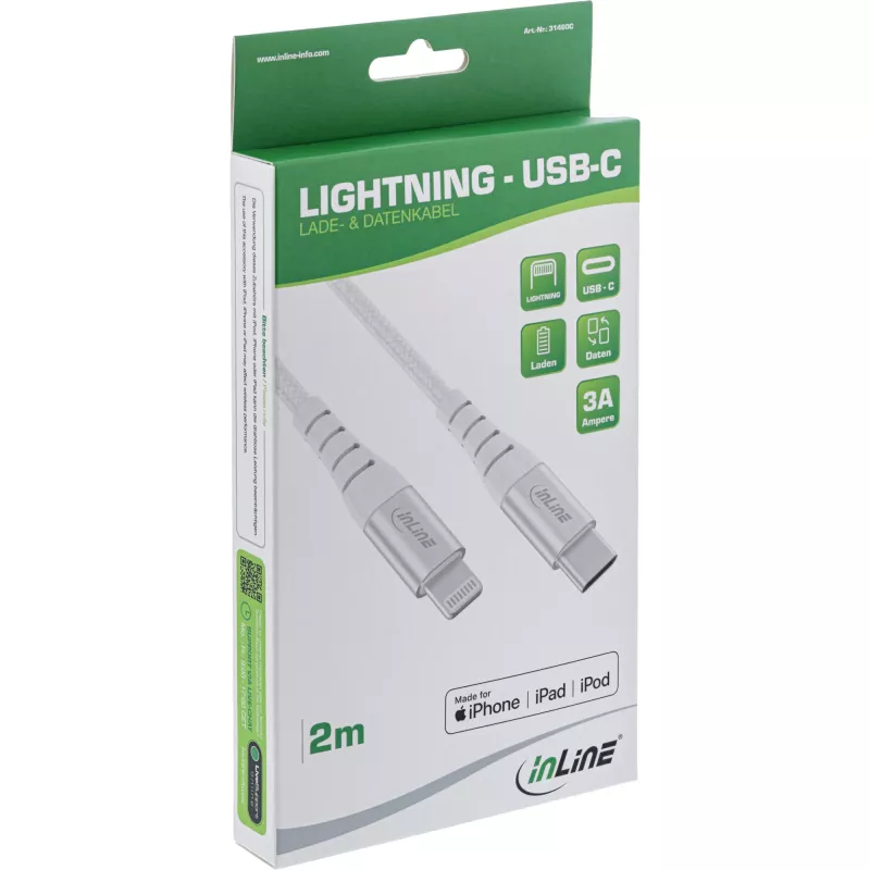 InLine USB-C Lightning kabel, voor iPad, iPhone, iPod, zilver/aluminium, 1m