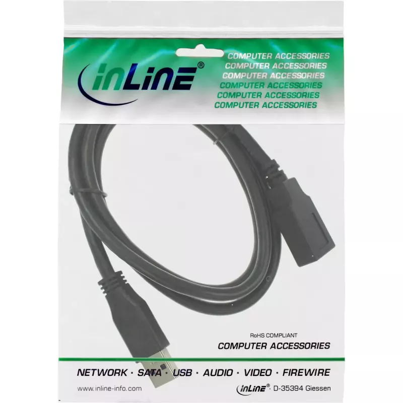 InLine B-35610 USB 3.2 verlengkabel A male/female, zwart, 1 m, bulkverpakking van 80