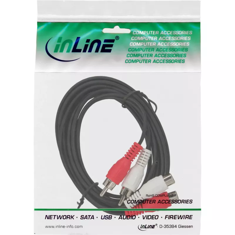 InLine audiokabel 2x cinch-stekker / bus 2,5m, stekker, 2 x cinch, bus, 2,5 m, zwart