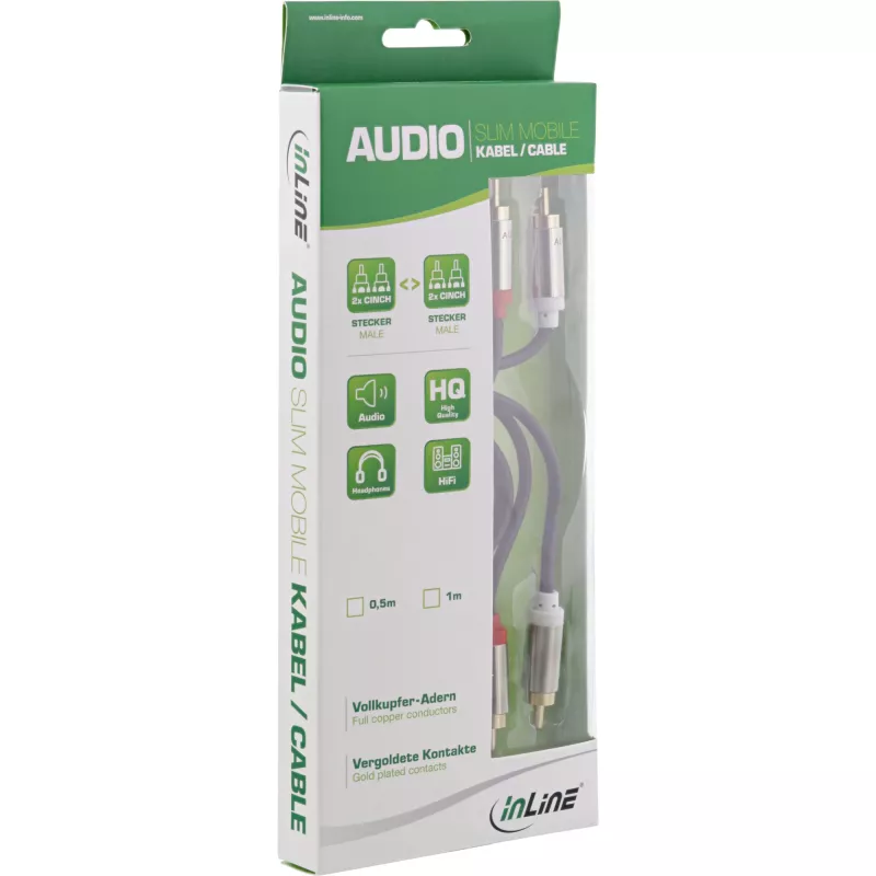 InLine slanke audiokabel 2x RCA M/M, stereo, 0,5m, 2 x RCA, stekker, 2 x RCA + USB, stekker, 0,5 m, zwart