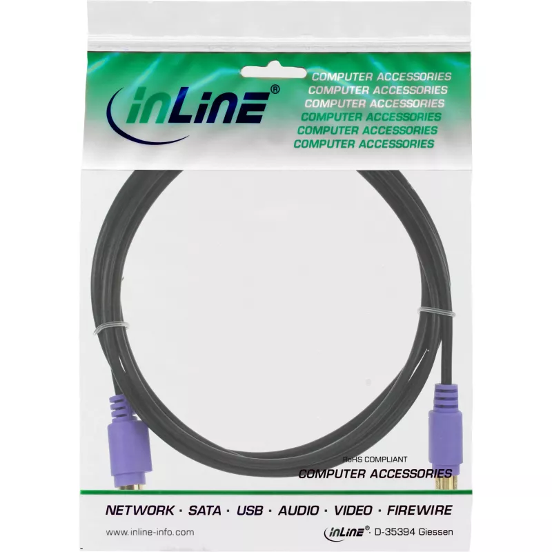 InLine PS/2-kabel, M/F, zwart/paars, vergulde contacten, 2 m