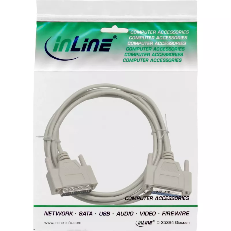 InLine seriële kabel, gegoten, DB25-stekker / bus, direct, grijs, 10 m