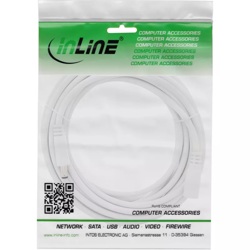 InLine DC-verlengkabel, DC-stekker/bus 5,5x2,5mm, AWG 18, wit 3m