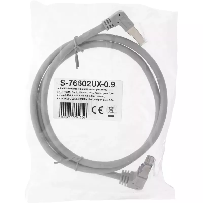 InLine patchkabel beide zijden haaks, S/FTP (PiMf), Cat.6, 250 MHz, PVC, koper, grijs, 1,1 m