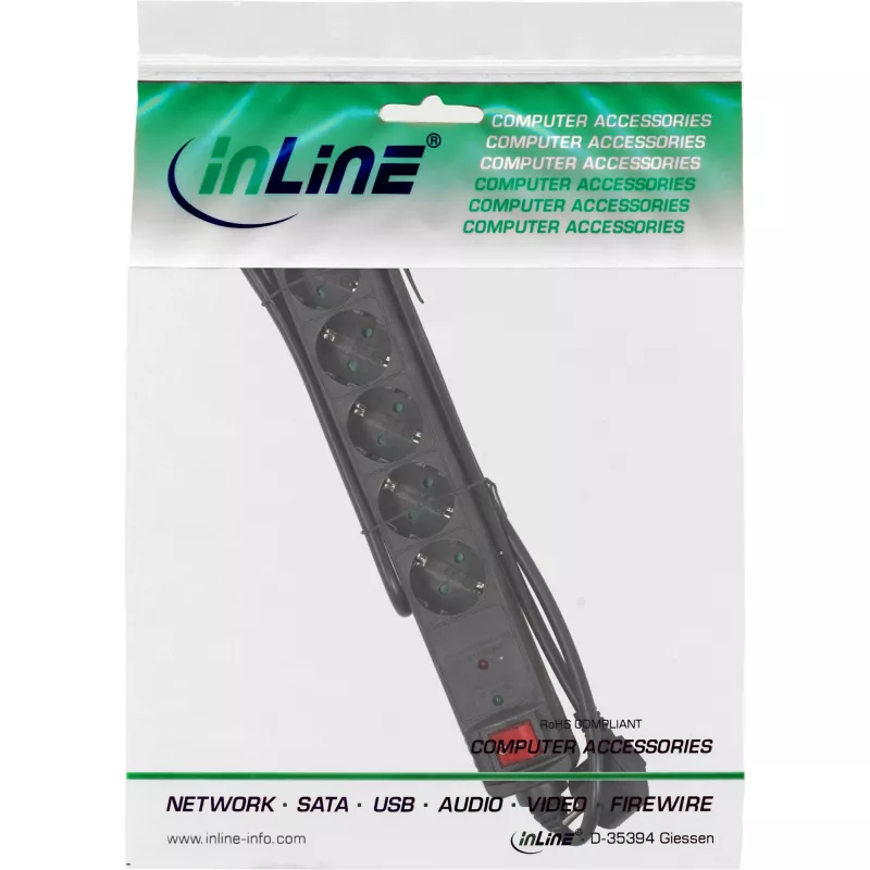 InLine stekkerdoos CEE 7/3, 6-voudig, overspanningsbeveiliging, schakelaar, zwart