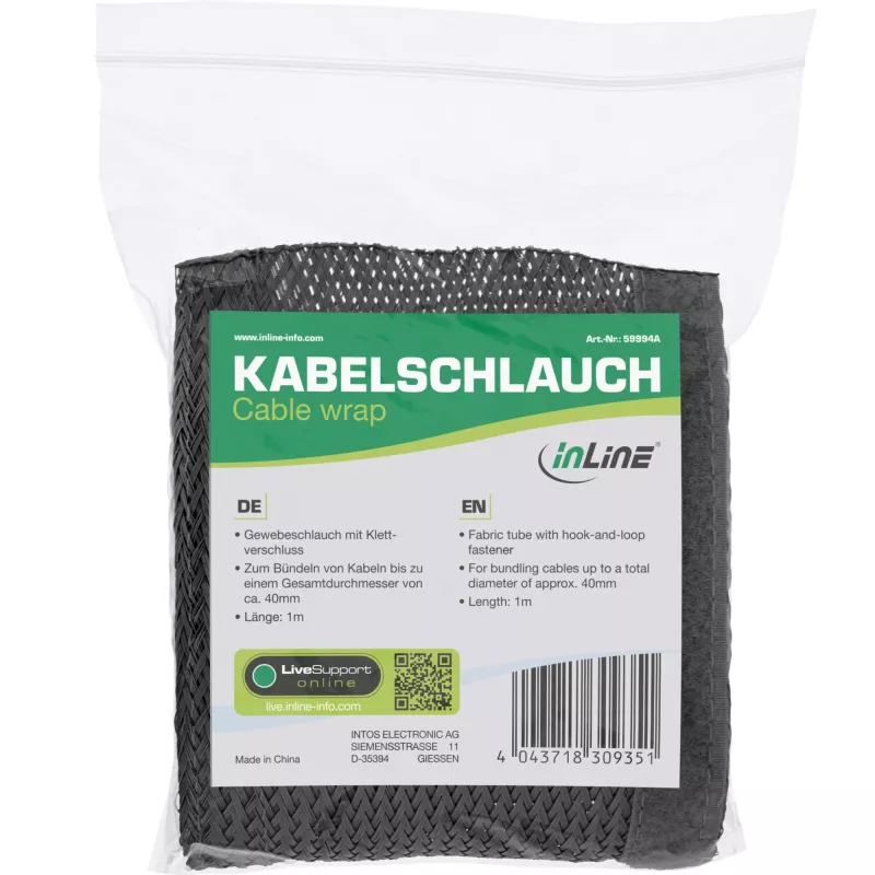 Kabelslang InLine stoffen slang met klittenbandsluiting 1 m × 25 mm, zwart