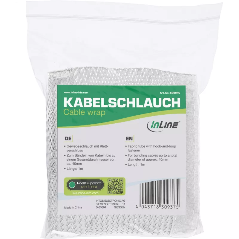 InLine Stoffen kabelhoes met klittenbandsluiting, 1 m x 40 mm, wit