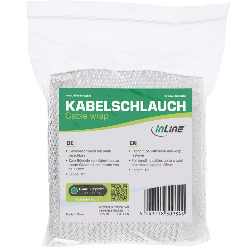 Kabelmantel InLine 1 m × 25 mm, stoffen slang met klittenband, wit