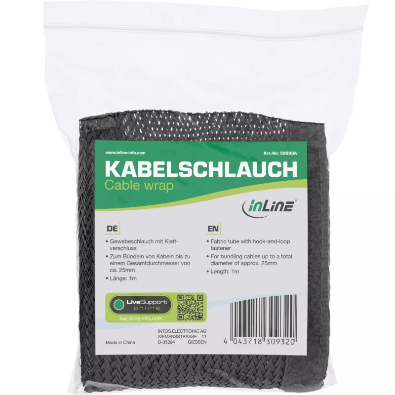 Kabelgoot hoes InLine 59993A — textiels slang met klittenband, 1 m × 25 mm, zwart