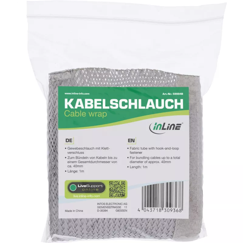 InLine Stoffen kabelhoes met klittenbandsluiting, 1 m x 40 mm, grijs