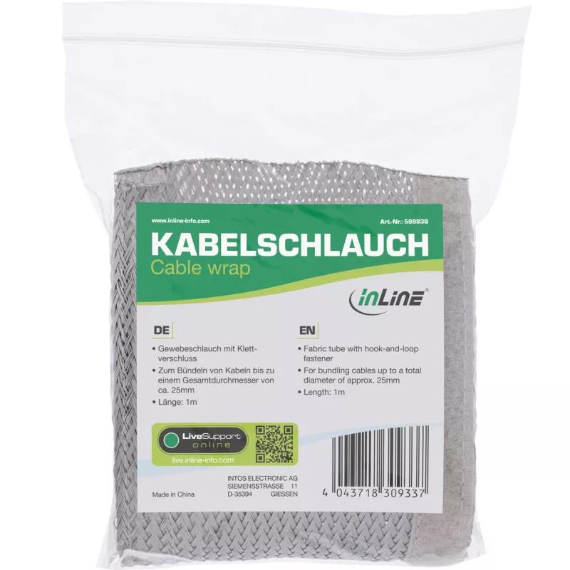 InLine kabelgoot, textiels slang met klittenband, 1 m x 25 mm grijs